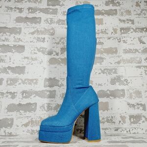 New Azalea Yang MAXINE-Denim Square Toe  Platform Heeled Boot A52